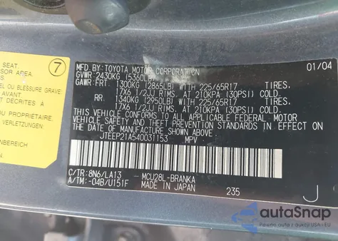 2004 Toyota Highlander Limited V6 z USA, uszkodzony, nr VIN JTEEP21A540031153